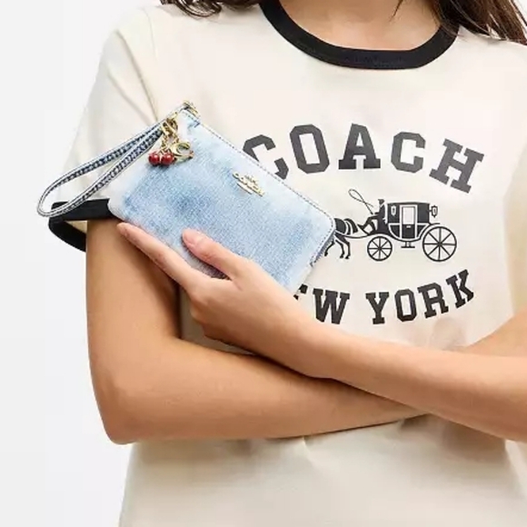 Coach Corner Zip Wristlet In Loved Denim With Charms - Picture 7 of 8